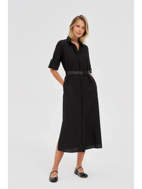 Moodo Schwarzes Damen-Hemdkleid mit Gürtel