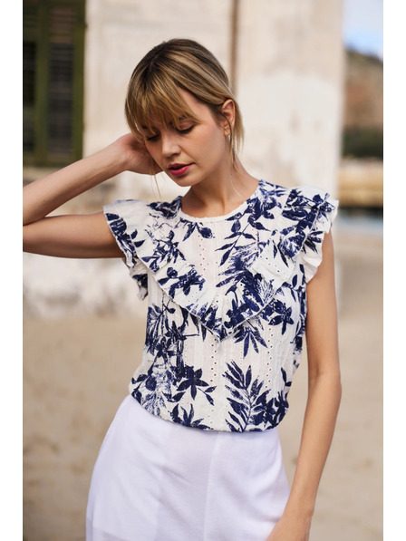 Moodo Damen T-Shirt Moodo – weiß mit blauen Blumen