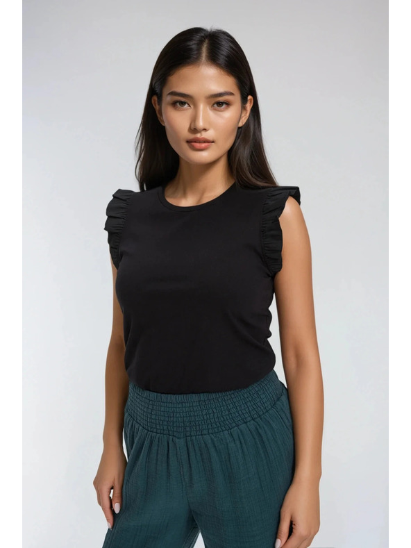 Moodo Schwarzes Damen-Baumwoll-T-Shirt mit Volants