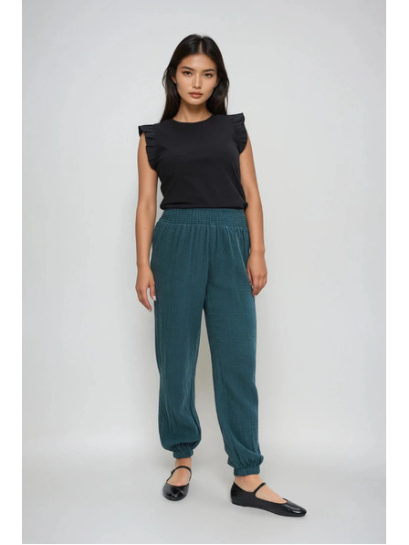 Moodo Schwarzes Damen-Baumwoll-T-Shirt mit Volants