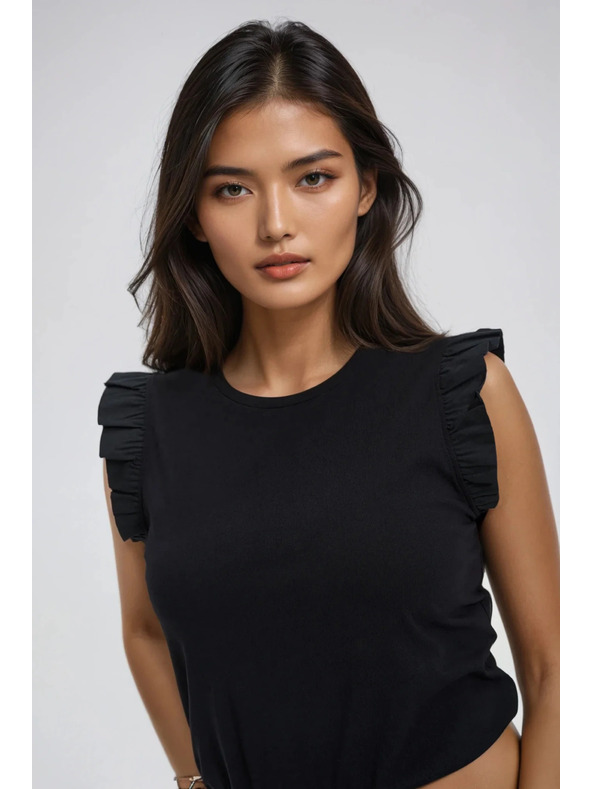 Moodo Schwarzes Damen-Baumwoll-T-Shirt mit Volants