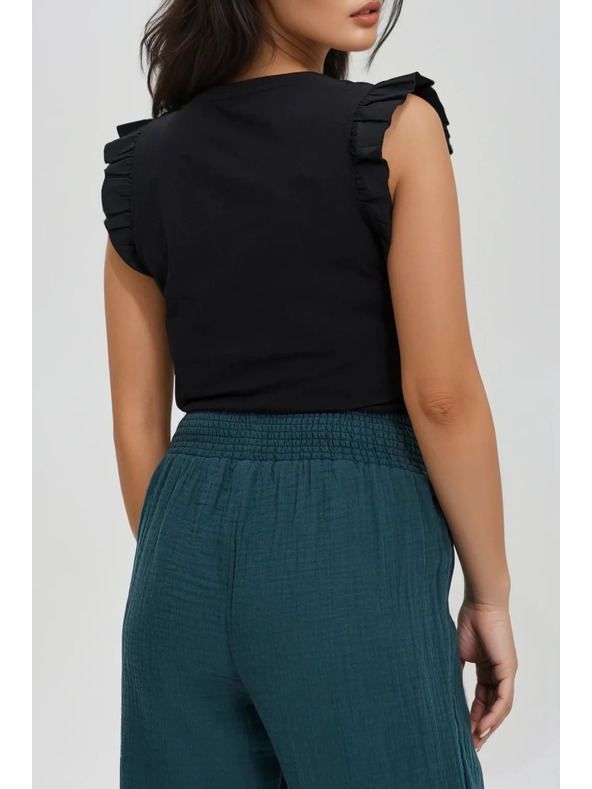 Moodo Schwarzes Damen-Baumwoll-T-Shirt mit Volants