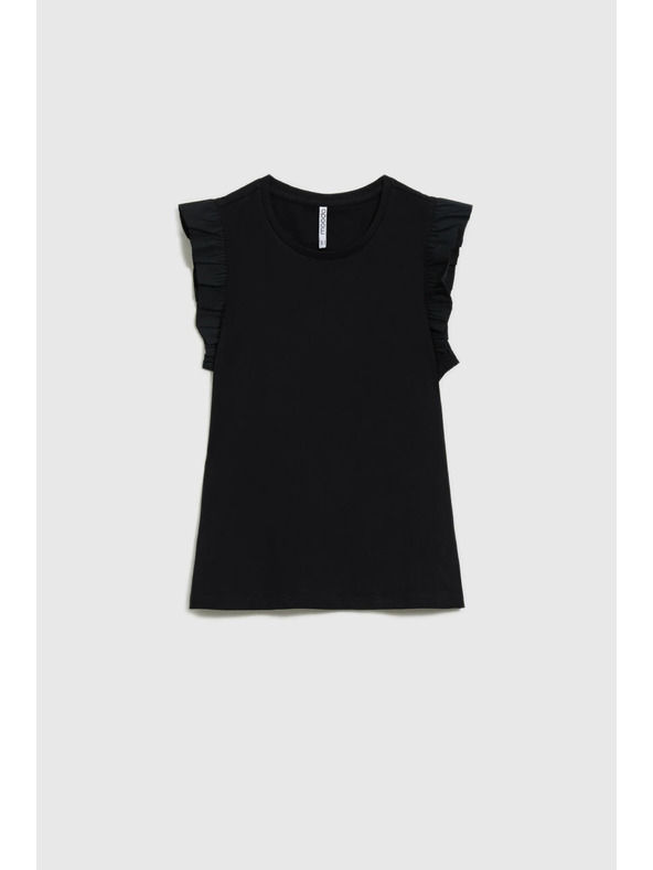 Moodo Schwarzes Damen-Baumwoll-T-Shirt mit Volants