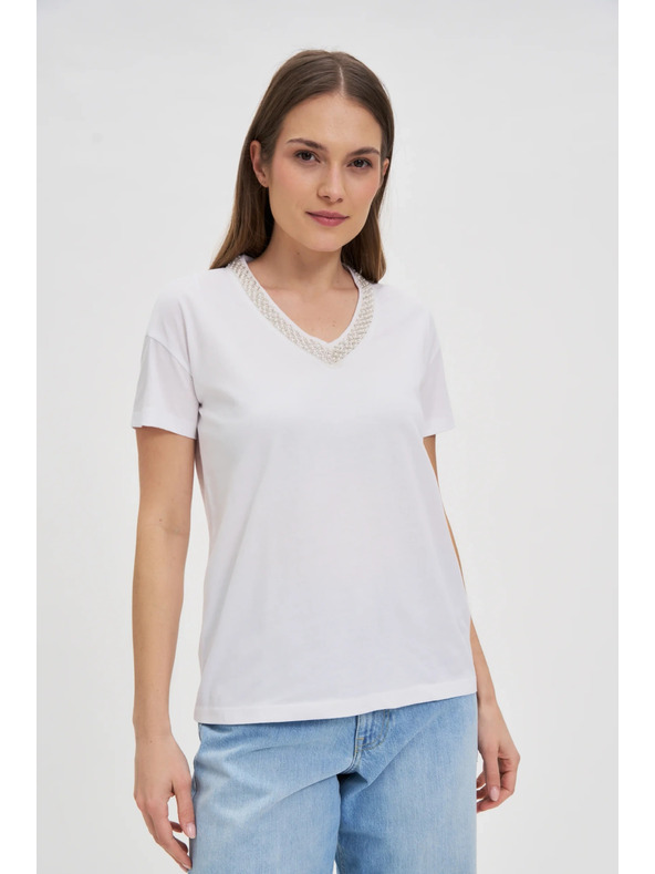 Moodo Damen-T-Shirt mit verziertem Ausschnitt – weiß