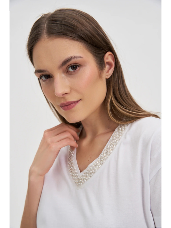 Moodo Damen-T-Shirt mit verziertem Ausschnitt – weiß