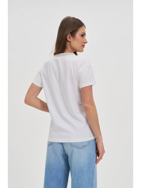 Moodo Damen-T-Shirt mit verziertem Ausschnitt – weiß