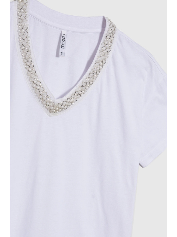 Moodo Damen-T-Shirt mit verziertem Ausschnitt – weiß