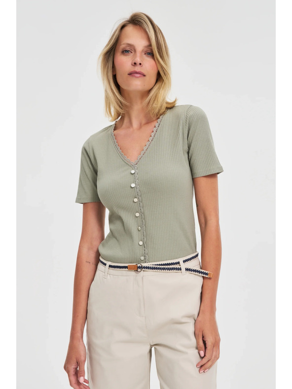 Moodo Damen olivgrünes T-Shirt mit Knöpfen