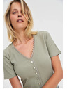 Moodo Damen olivgrünes T-Shirt mit Knöpfen