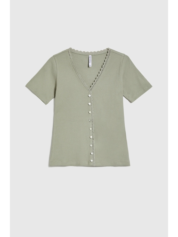 Moodo Damen olivgrünes T-Shirt mit Knöpfen