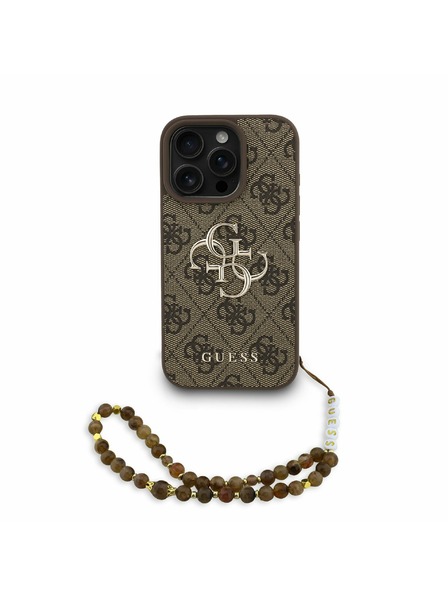 Guess Guess PU 4G Metal Logo Strap Rückseite Hülle für iPhone 16 Pro Max Braun