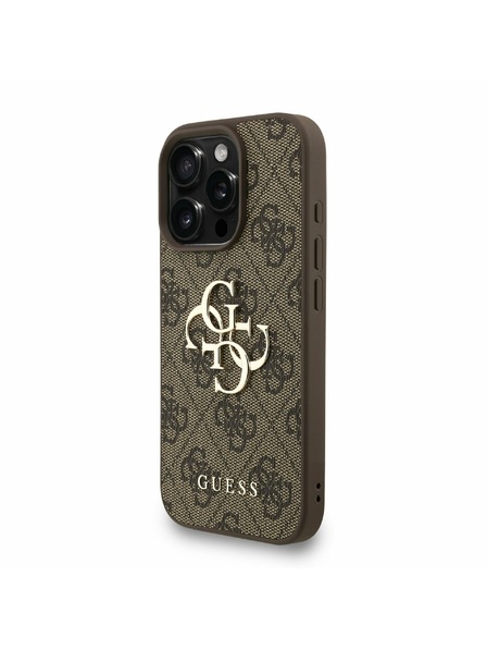Guess Guess PU 4G Metal Logo Strap Rückseite Hülle für iPhone 16 Pro Max Braun
