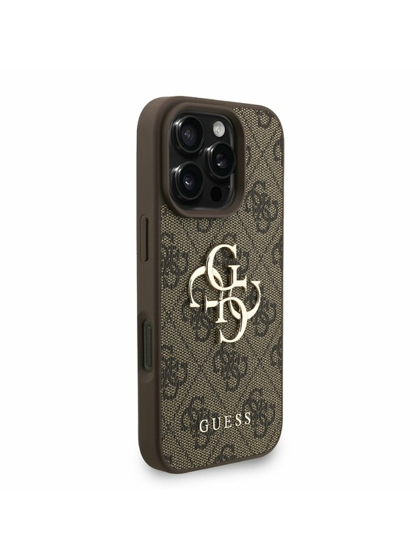 Guess Guess PU 4G Metal Logo Strap Rückseite Hülle für iPhone 16 Pro Max Braun