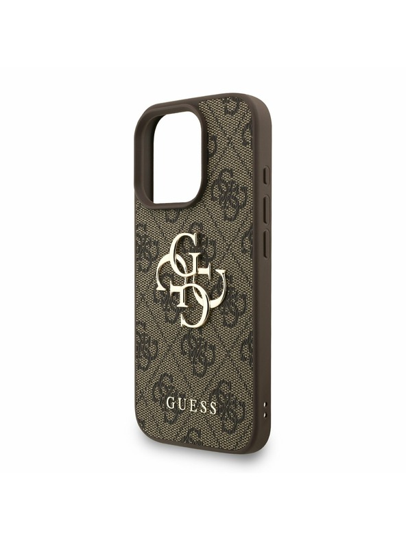 Guess Guess PU 4G Metal Logo Strap Rückseite Hülle für iPhone 16 Pro Max Braun
