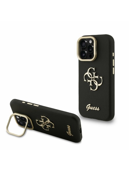 Guess Guess PU Grained 4G Logo Stand Kamera Rahmen Rückseite Hülle für iPhone 15 Pro Max Schwarz