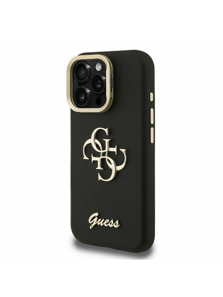 Guess Guess PU Grained 4G Logo Stand Kamera Rahmen Rückseite Hülle für iPhone 15 Pro Max Schwarz