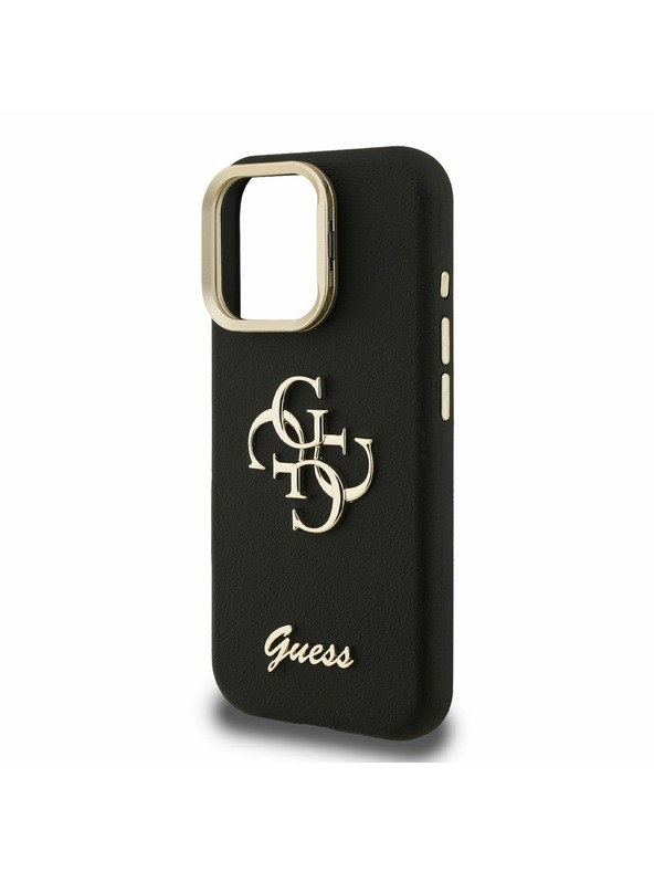 Guess Guess PU Grained 4G Logo Stand Kamera Rahmen Rückseite Hülle für iPhone 15 Pro Max Schwarz