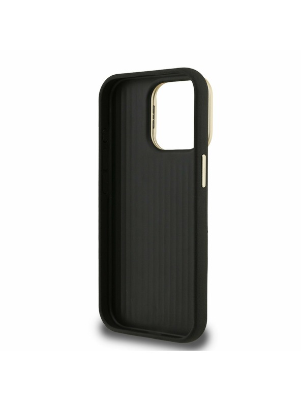 Guess Guess PU Grained 4G Logo Stand Kamera Rahmen Rückseite Hülle für iPhone 15 Pro Max Schwarz
