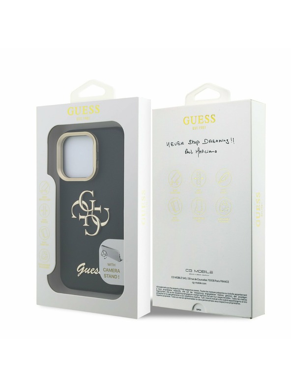 Guess Guess PU Grained 4G Logo Stand Kamera Rahmen Rückseite Hülle für iPhone 15 Pro Max Schwarz