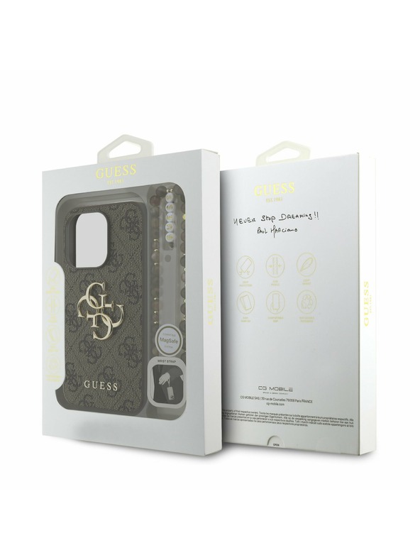 Guess Guess PU 4G Metal Logo Strap Rückseite Hülle für iPhone 15 Pro Max Braun