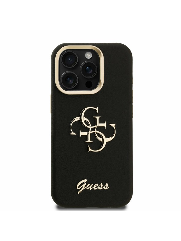 Guess Guess PU Grained 4G Logo Stand Kamera Rahmen Rückseite Hülle für iPhone 15 Pro Schwarz