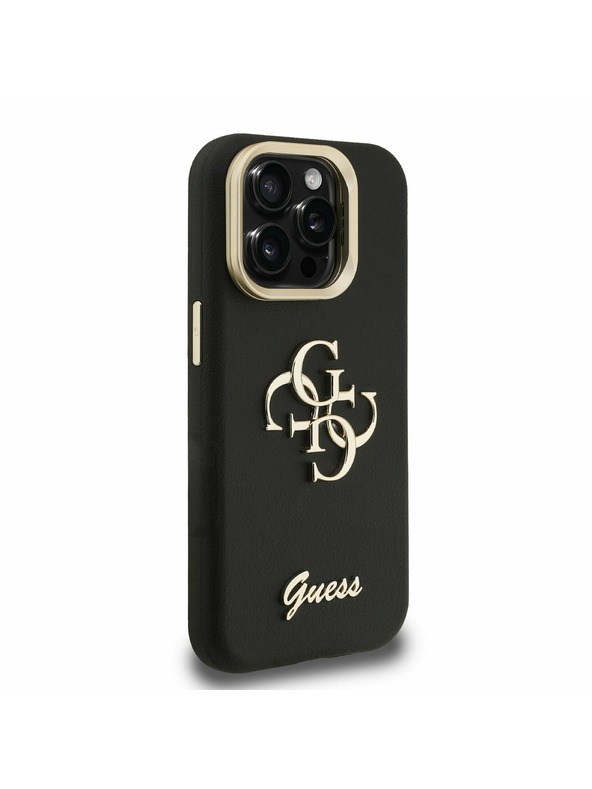 Guess Guess PU Grained 4G Logo Stand Kamera Rahmen Rückseite Hülle für iPhone 15 Pro Schwarz
