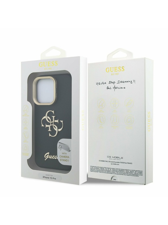Guess Guess PU Grained 4G Logo Stand Kamera Rahmen Rückseite Hülle für iPhone 15 Pro Schwarz
