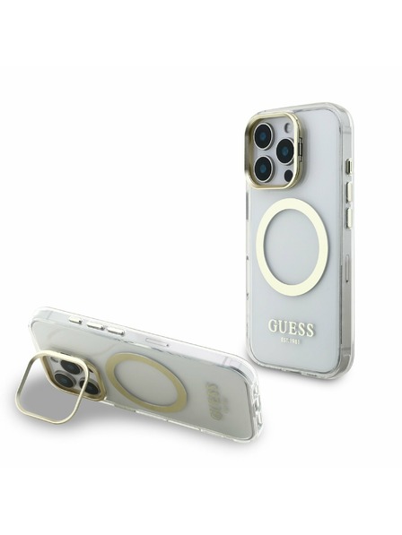 Guess Guess IML Gold Outline Stand Kamera Rahmen MagSafe Rückseite Hülle für iPhone 16 Pro Transparent