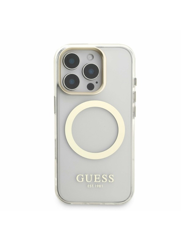 Guess Guess IML Gold Outline Stand Kamera Rahmen MagSafe Rückseite Hülle für iPhone 16 Pro Transparent