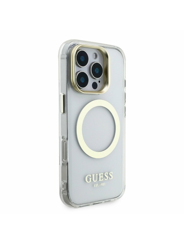Guess Guess IML Gold Outline Stand Kamera Rahmen MagSafe Rückseite Hülle für iPhone 16 Pro Transparent