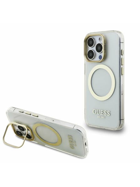 Guess Guess IML Gold Outline Stand Kamera Rahmen MagSafe Rückseite Hülle für iPhone 15 Pro Max Transparent
