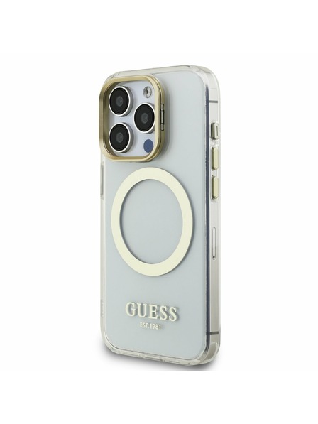 Guess Guess IML Gold Outline Stand Kamera Rahmen MagSafe Rückseite Hülle für iPhone 15 Pro Max Transparent