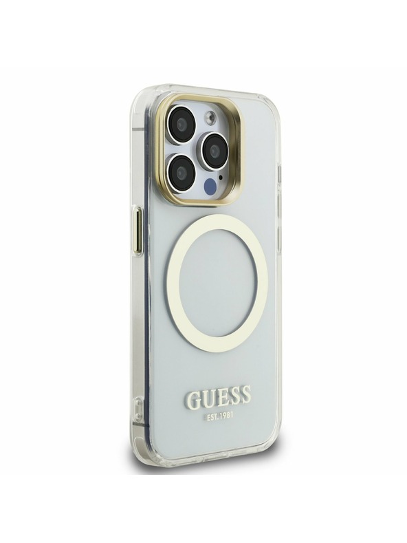 Guess Guess IML Gold Outline Stand Kamera Rahmen MagSafe Rückseite Hülle für iPhone 15 Pro Max Transparent