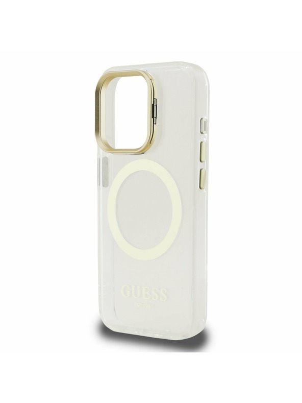 Guess Guess IML Gold Outline Stand Kamera Rahmen MagSafe Rückseite Hülle für iPhone 15 Pro Max Transparent