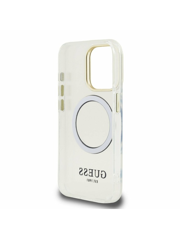 Guess Guess IML Gold Outline Stand Kamera Rahmen MagSafe Rückseite Hülle für iPhone 15 Pro Max Transparent