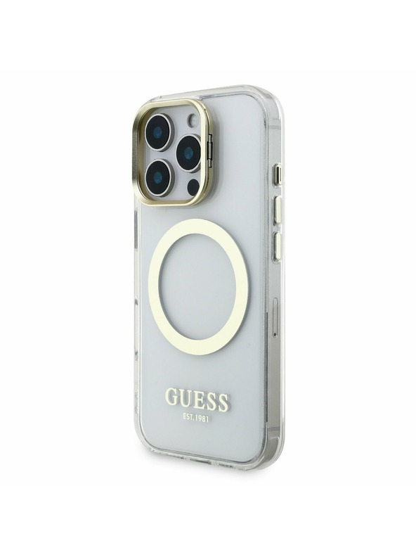 Guess Guess IML Gold Outline Stand Kamera Rahmen MagSafe Rückseite Hülle für iPhone 16 Pro Max Transparent