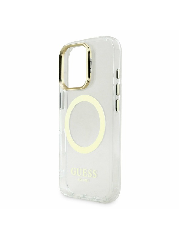 Guess Guess IML Gold Outline Stand Kamera Rahmen MagSafe Rückseite Hülle für iPhone 16 Pro Max Transparent