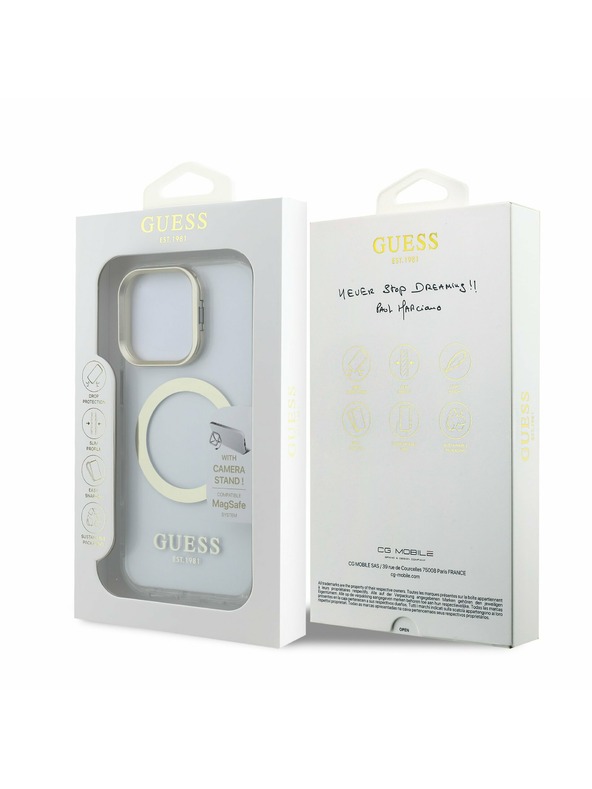 Guess Guess IML Gold Outline Stand Kamera Rahmen MagSafe Rückseite Hülle für iPhone 16 Pro Max Transparent