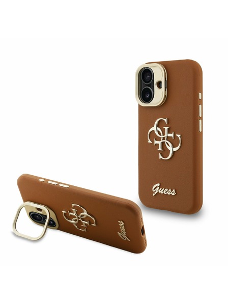Guess Guess PU Genarbtes 4G Logo Stand Kamera-Rahmen Rückseite Hülle für iPhone 16 Braun