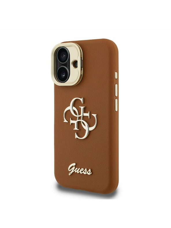 Guess Guess PU Genarbtes 4G Logo Stand Kamera-Rahmen Rückseite Hülle für iPhone 16 Braun