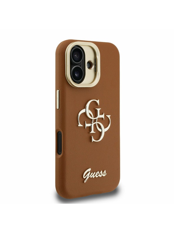 Guess Guess PU Genarbtes 4G Logo Stand Kamera-Rahmen Rückseite Hülle für iPhone 16 Braun