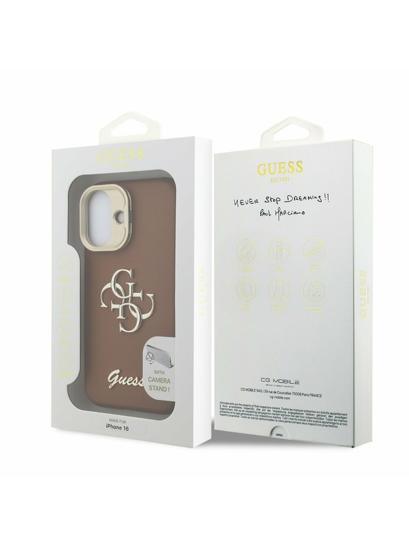 Guess Guess PU Genarbtes 4G Logo Stand Kamera-Rahmen Rückseite Hülle für iPhone 16 Braun