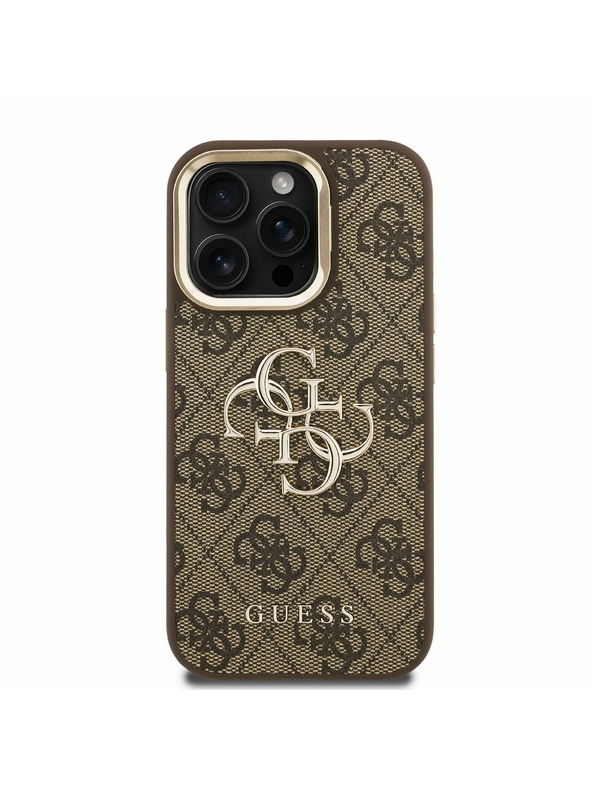 Guess Guess PU 4G Metal Logo Stand Kamera-Rahmen Rückseite Hülle für iPhone 15 Pro Max Braun