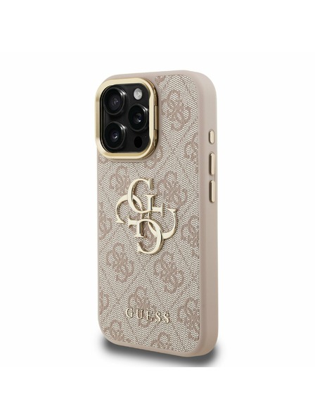 Guess Guess PU 4G Metal Logo Stand Kamera-Rahmen Rückseite Hülle für iPhone 16 Pro Pink