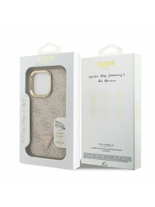 Guess Guess PU 4G Strass Dreieck Logo Stand Kamera-Rahmen MagSafe Rückseite Hülle für iPhone 15 Pro Pink