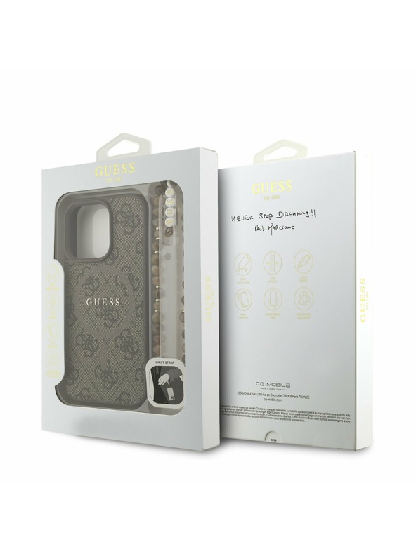 Guess Guess PU Leder 4G Farbiger Ring Riemen MagSafe Rückseite Hülle für iPhone 16 Pro Braun