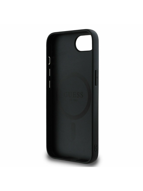 Guess Guess PU Leder 4G Farbiger Ring MagSafe Rückseite Hülle für iPhone 16e Schwarz