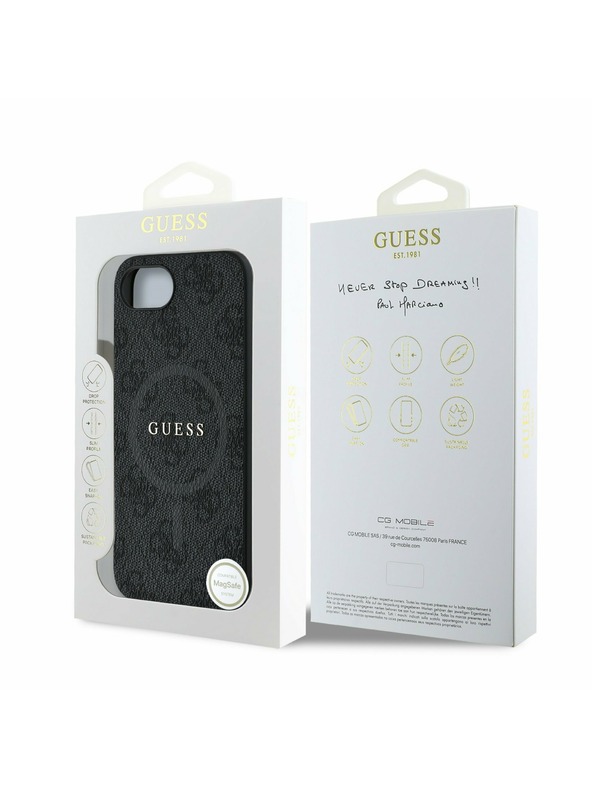 Guess Guess PU Leder 4G Farbiger Ring MagSafe Rückseite Hülle für iPhone 16e Schwarz