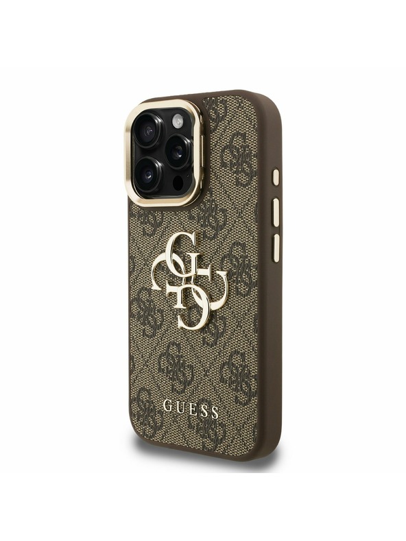 Guess Guess PU 4G Metal Logo Stand Kamera-Rahmen Rückseite Hülle für iPhone 16 Pro Max Braun