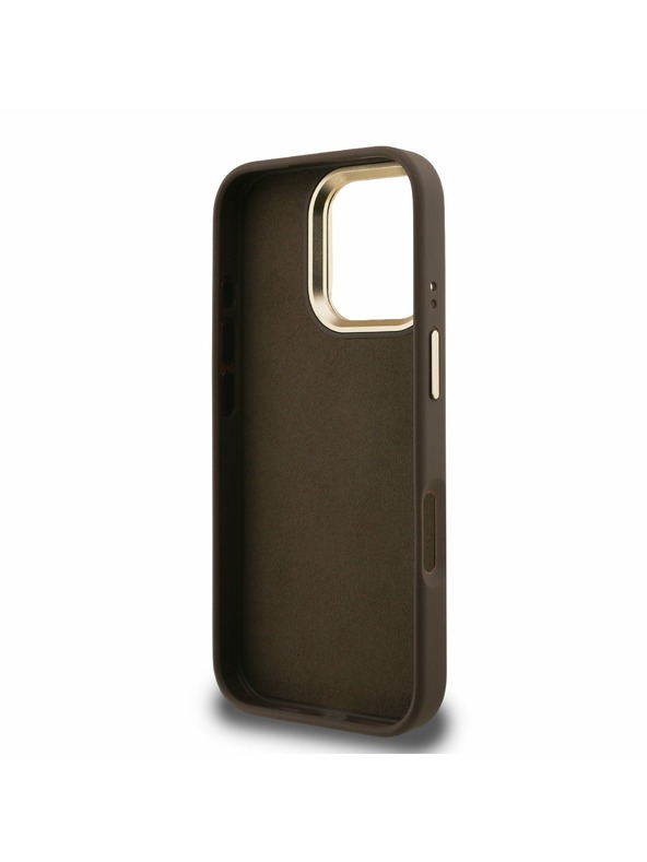 Guess Guess PU 4G Metal Logo Stand Kamera-Rahmen Rückseite Hülle für iPhone 16 Pro Max Braun
